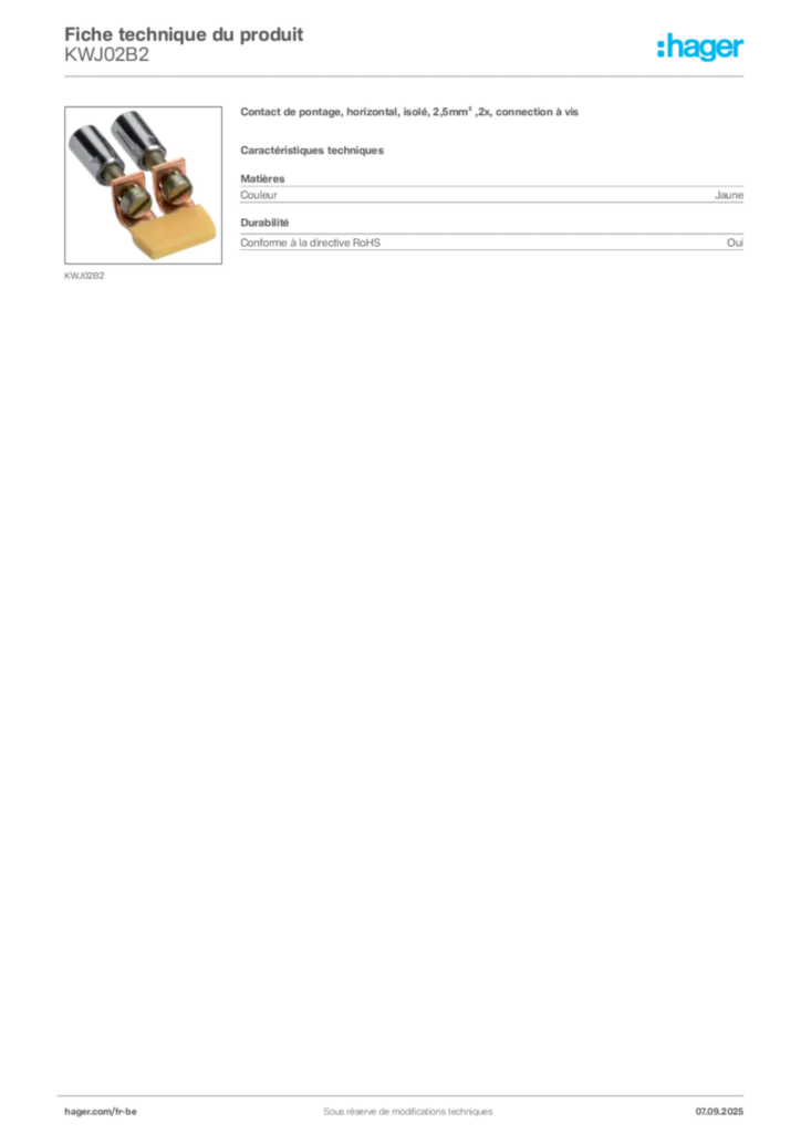 Image Hager Fiche technique du produit KWJ02B2 | Hager Belgique