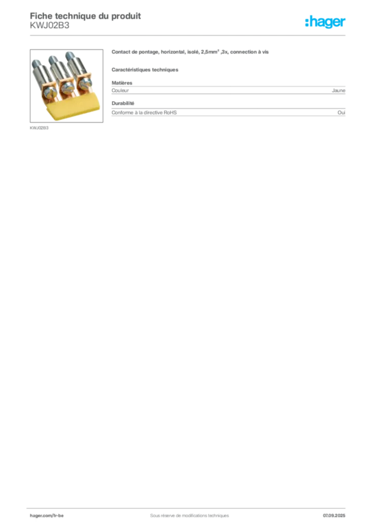 Image Hager Fiche technique du produit KWJ02B3 | Hager Belgique