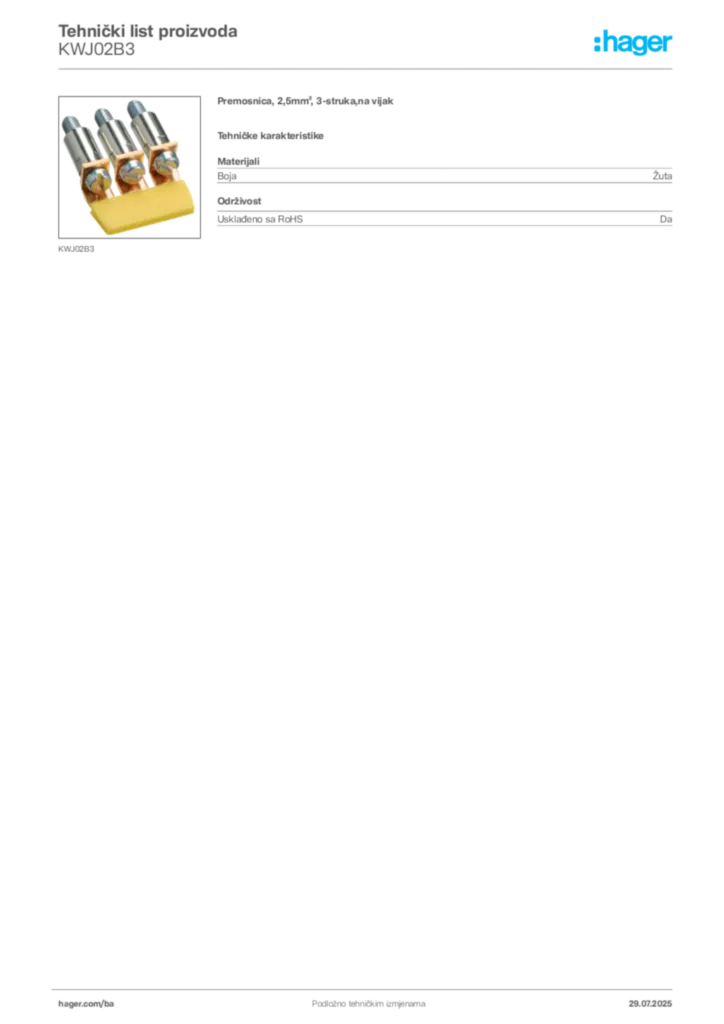 Slika Hager Product data sheet KWJ02B3  | Hager