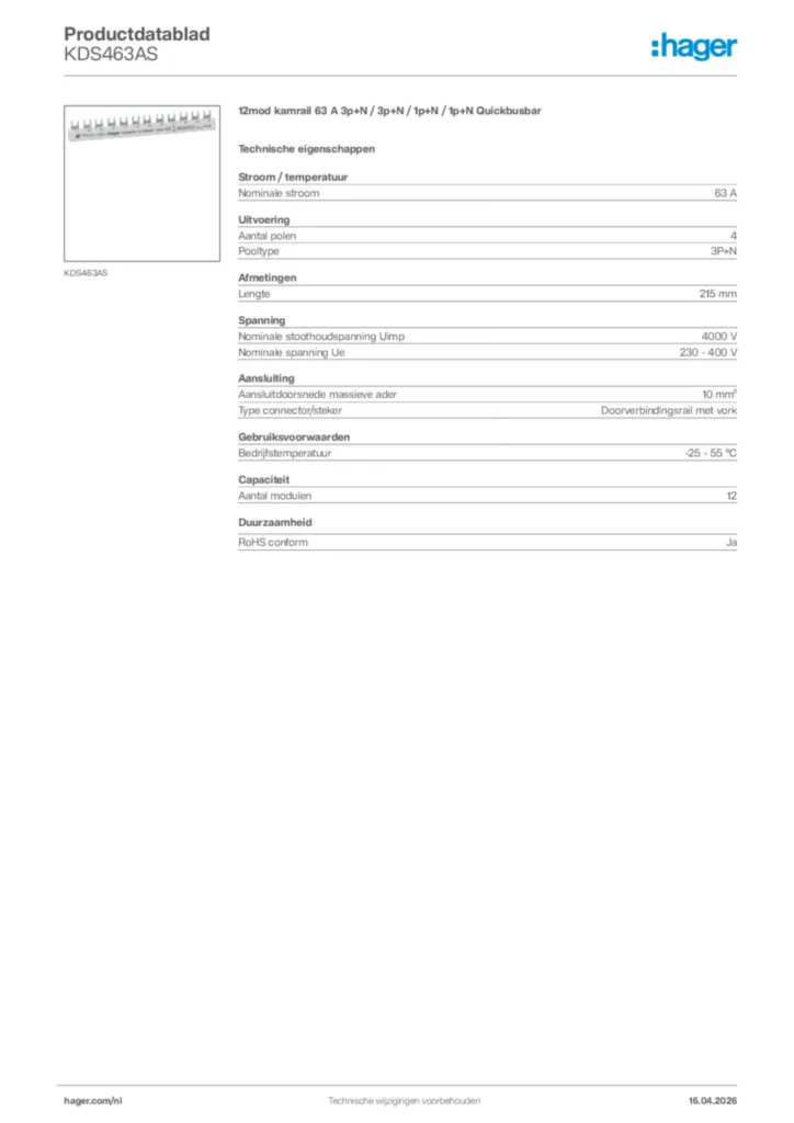 Afbeelding Hager Productdatablad KDS463AS | Hager Nederland