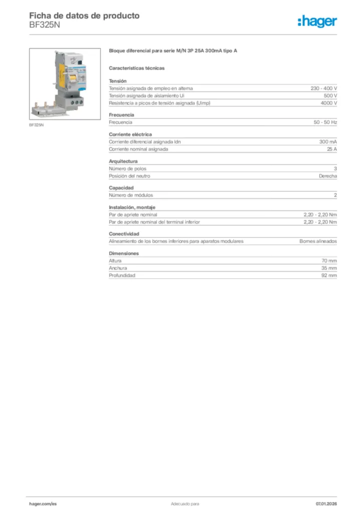 Imagen Hager Ficha de datos de producto BF325N | Hager España