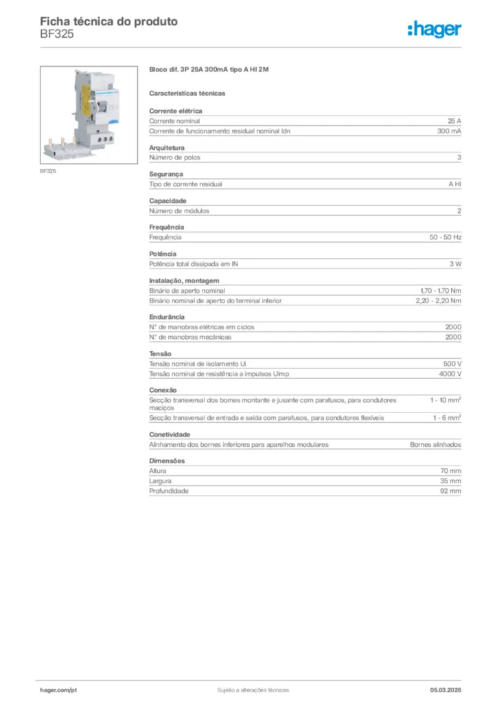 Imagem Hager Ficha técnica do produto BF325 | Hager Portugal