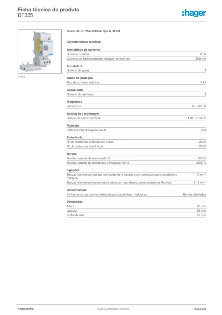 Imagem Hager Ficha técnica do produto BF325 | Hager Portugal
