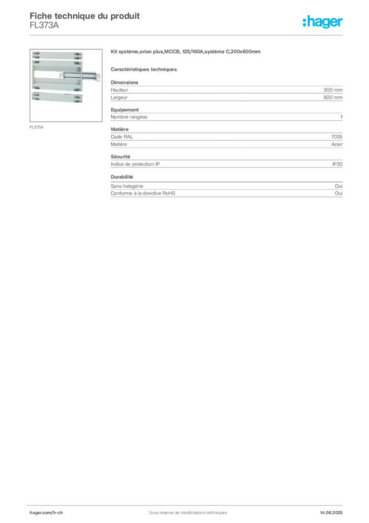 Image Hager Fiche technique du produit FL373A | Hager Suisse