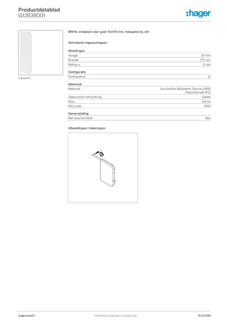 Afbeelding Hager Productdatablad G12639001 | Hager Nederland