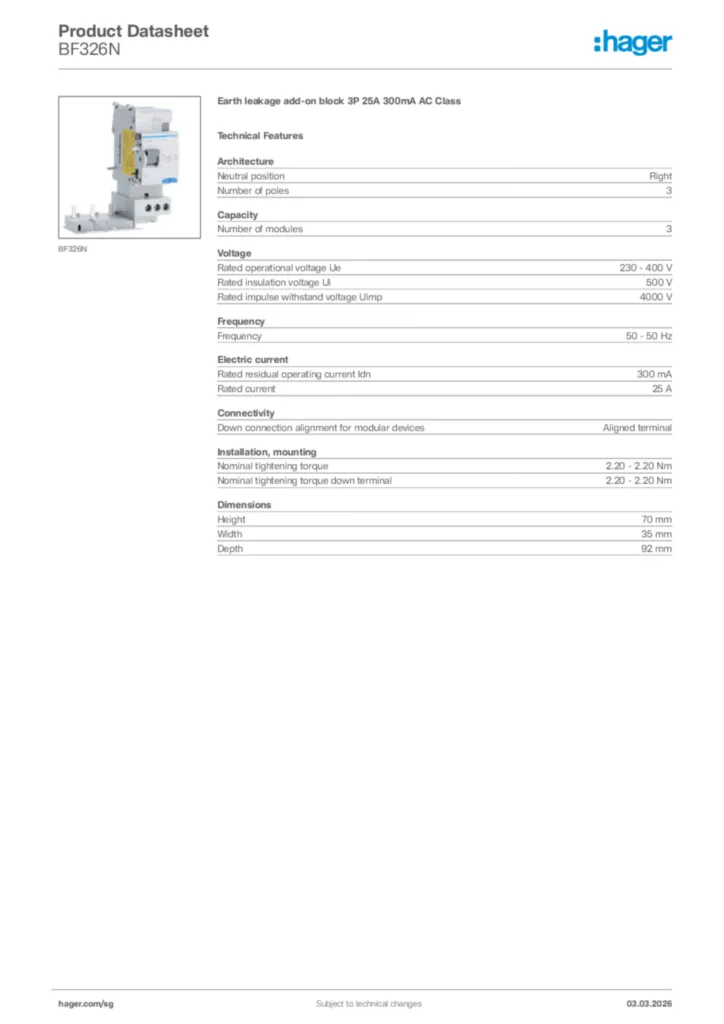 Image Hager Product data sheet BF326N  | Hager