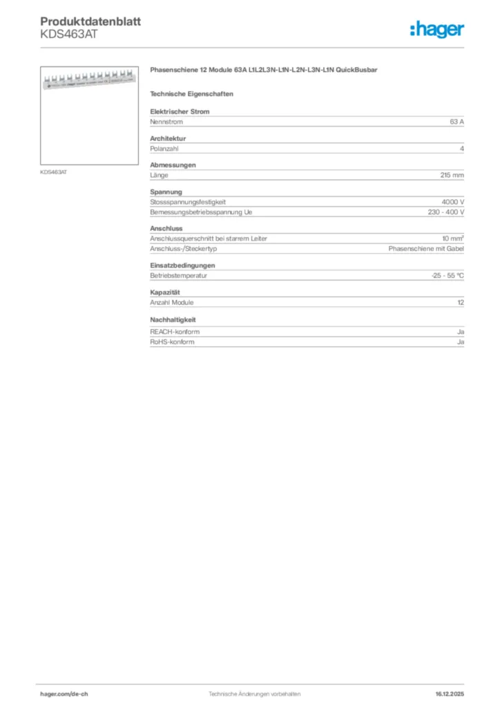 Bild Hager Produktdatenblatt KDS463AT | Hager Schweiz