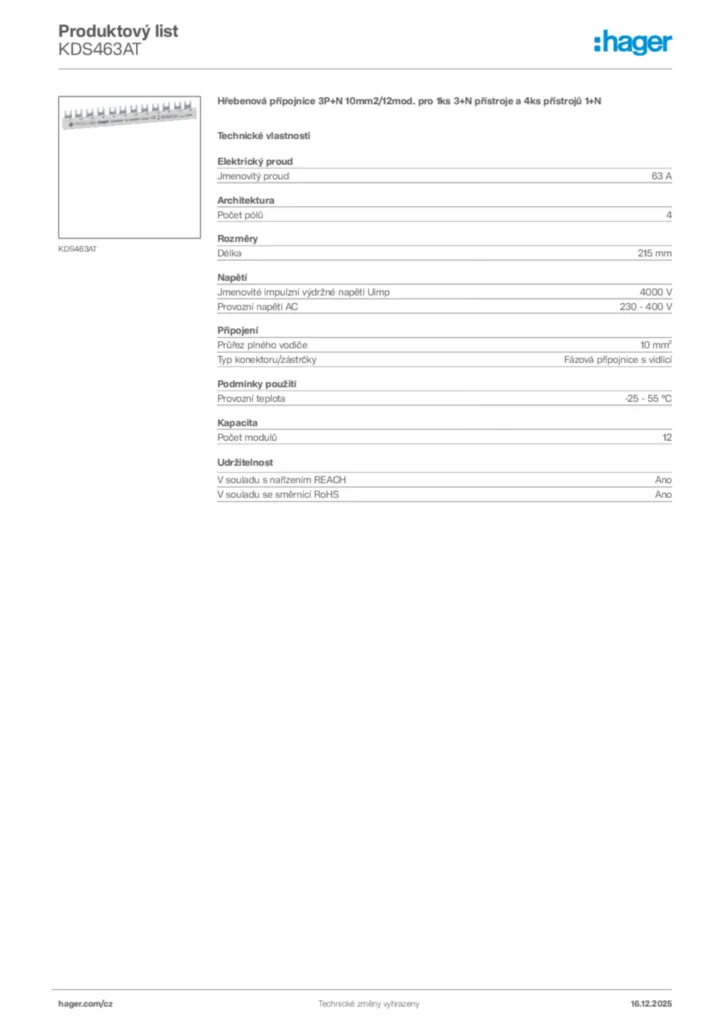 Obrázek Hager Produktový list KDS463AT | Hager