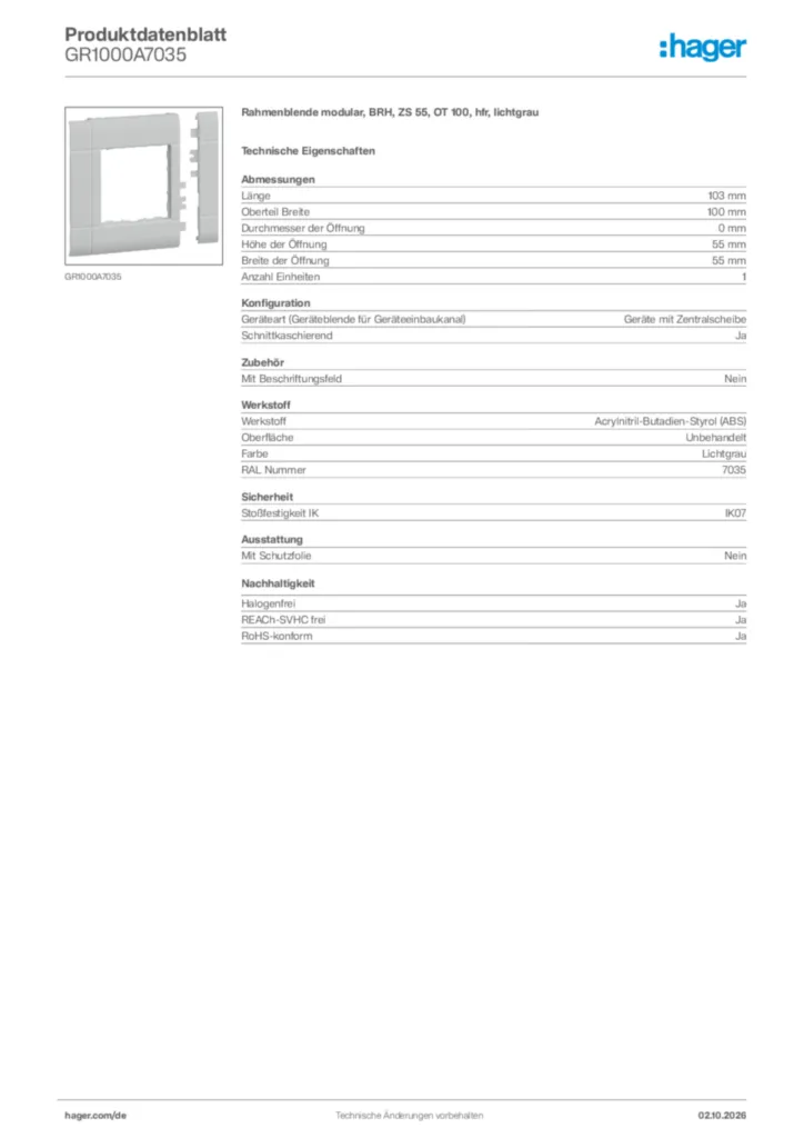 Bild Hager Produktdatenblatt GR1000A7035 | Hager Deutschland