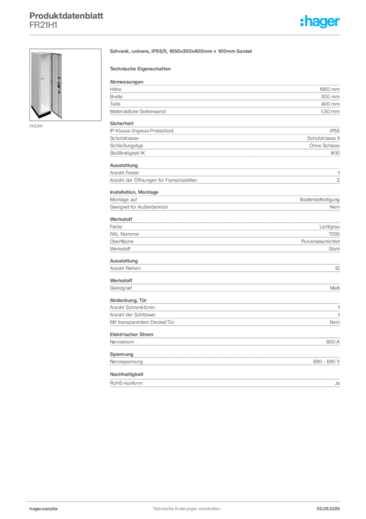 Hager Produktdatenblatt FR21H1