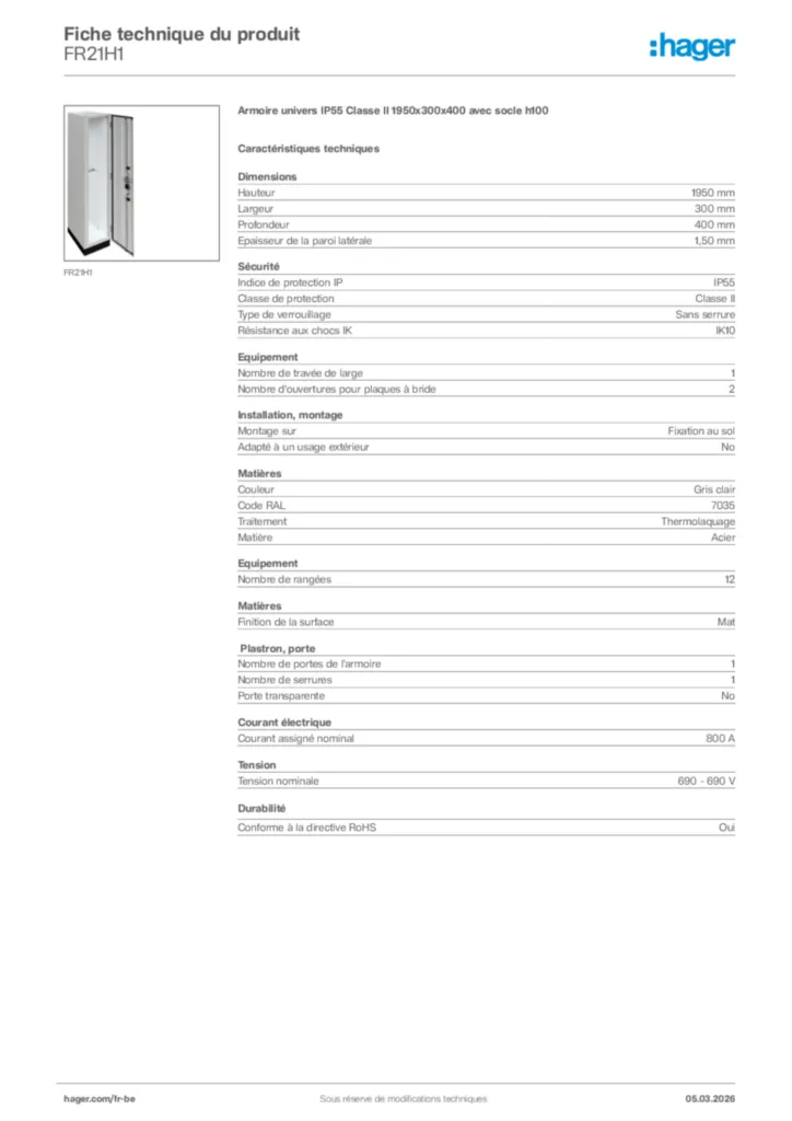 Image Hager Fiche technique du produit FR21H1 | Hager Belgique