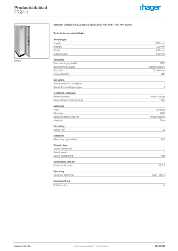 Afbeelding Hager Productdatablad FR21H1 | Hager Belgium