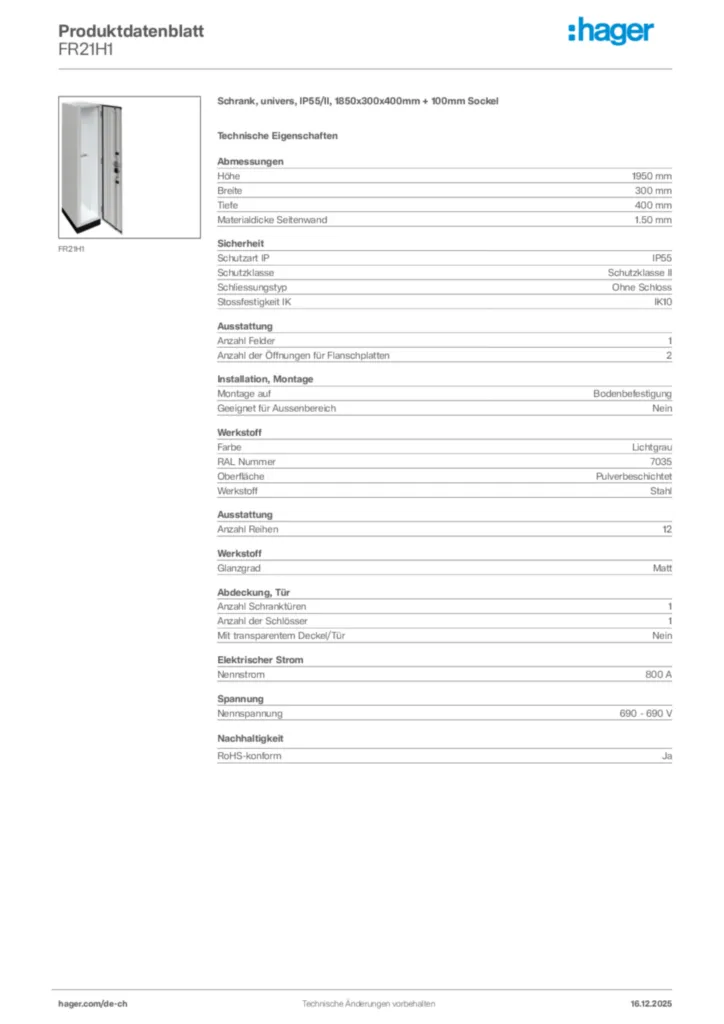 Bild Hager Produktdatenblatt FR21H1 | Hager Schweiz