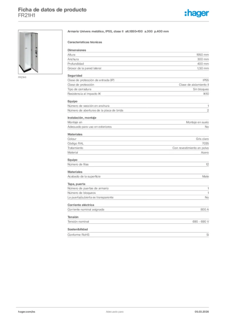 Imagen Hager Ficha de datos de producto FR21H1 | Hager España
