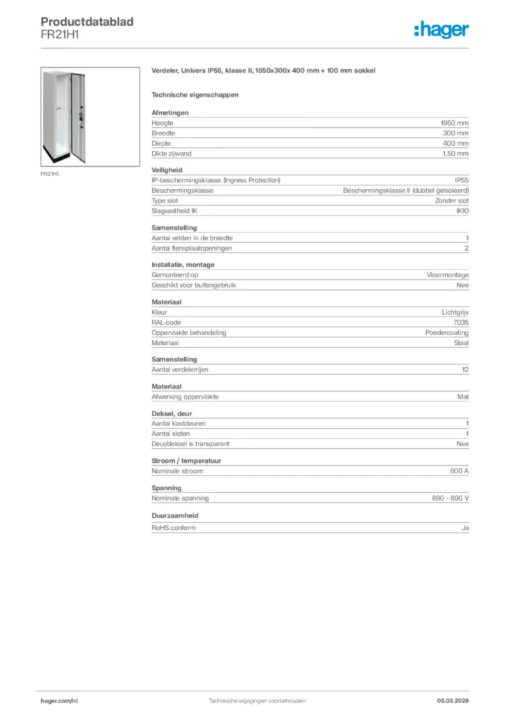 Afbeelding Hager Productdatablad FR21H1 | Hager Nederland