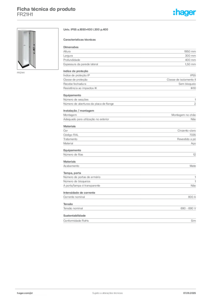Imagem Hager Ficha técnica do produto FR21H1 | Hager Portugal