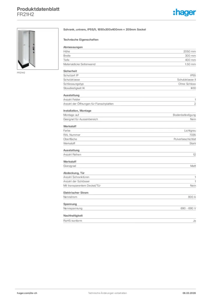 Bild Hager Produktdatenblatt FR21H2 | Hager Schweiz