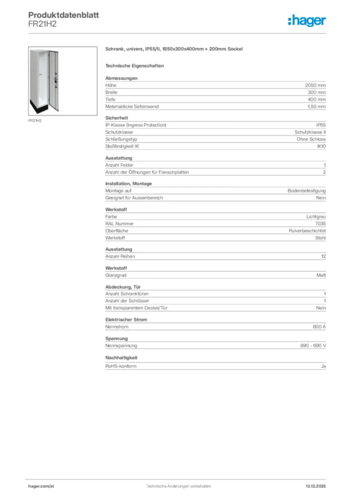 Bild Hager Produktdatenblatt FR21H2 | Hager Deutschland