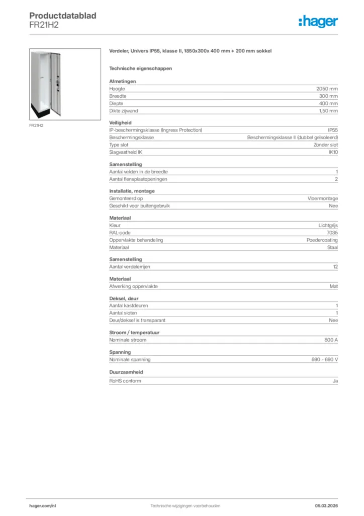 Afbeelding Hager Productdatablad FR21H2 | Hager Nederland
