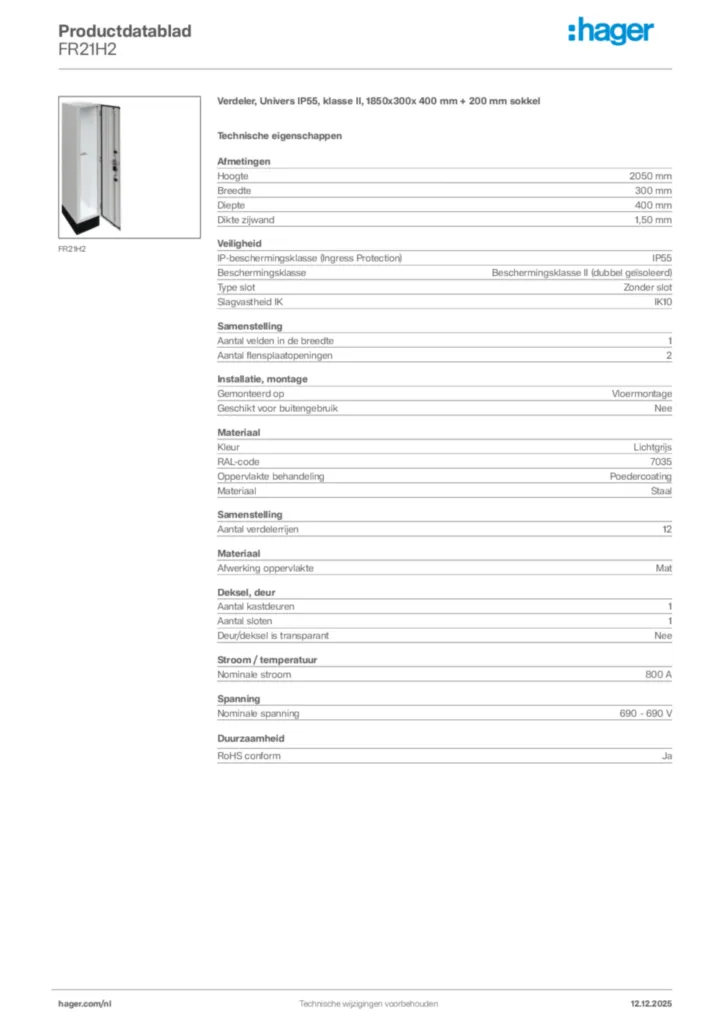 Afbeelding Hager Productdatablad FR21H2 | Hager Nederland