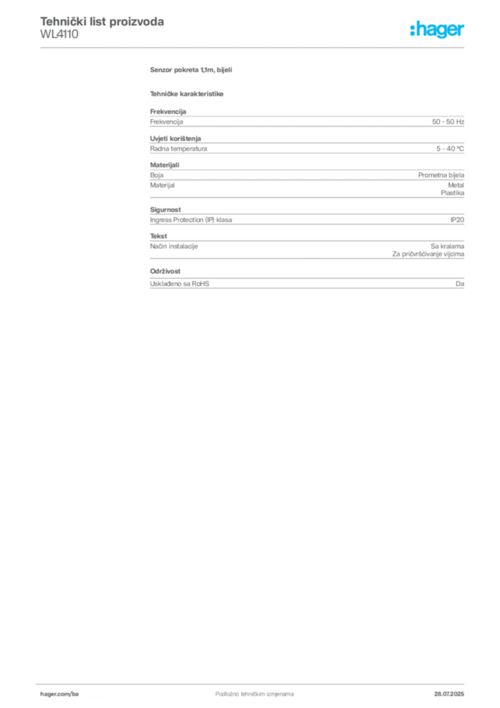 Slika Hager Product data sheet WL4110  | Hager