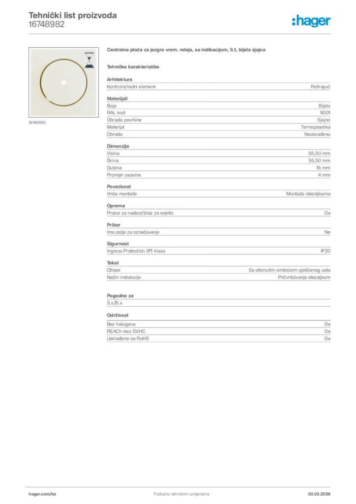 Slika Hager Tehnički list proizvoda 16748982  | Hager