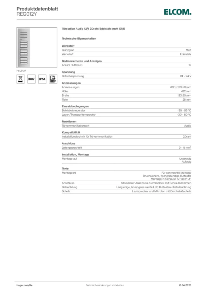 Bild Elcom Produktdatenblatt REQ012Y | Hager Deutschland