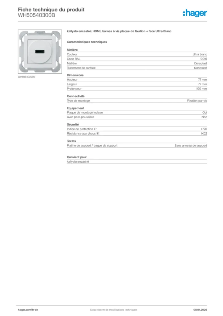 Image Hager Fiche technique du produit WH50540300B | Hager Suisse