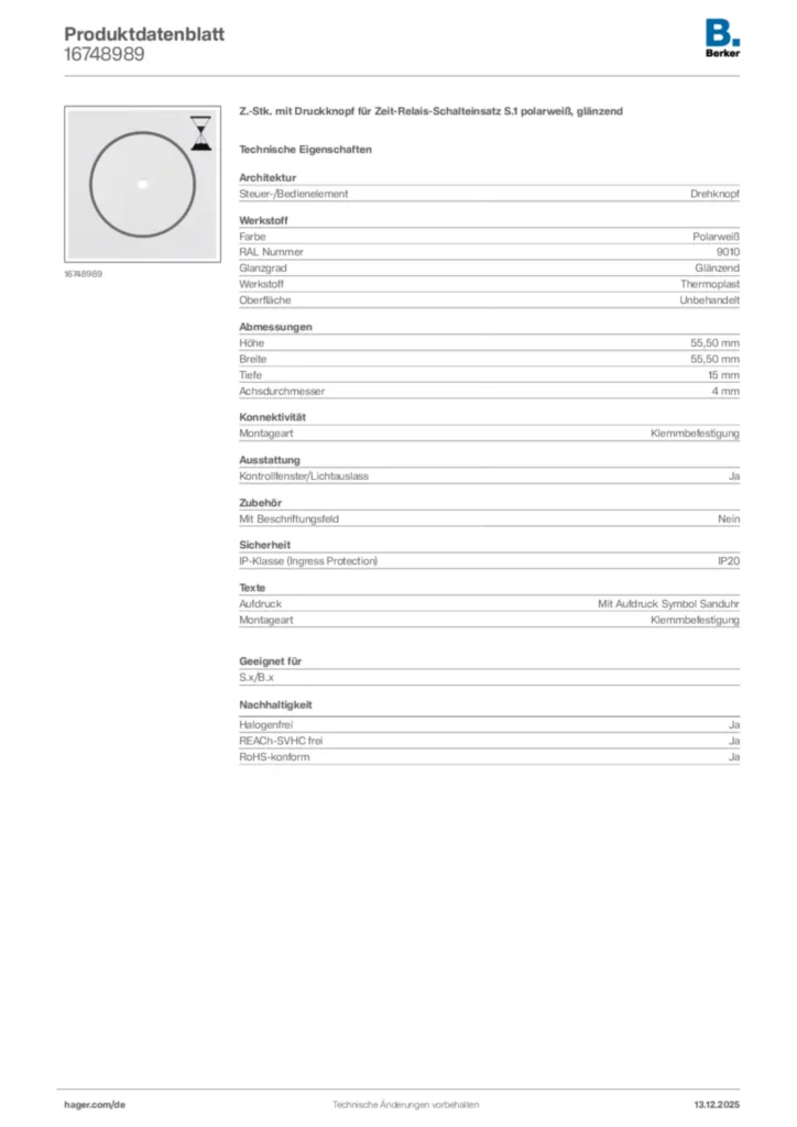 Bild Berker Produktdatenblatt 16748989 | Hager Deutschland