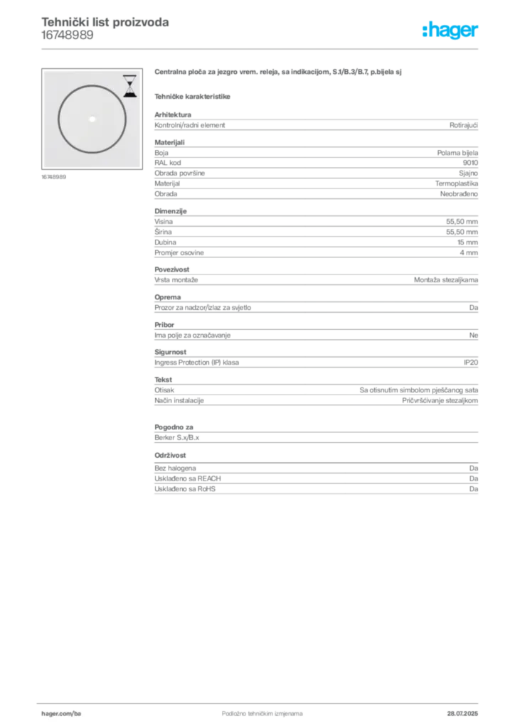 Slika Hager Product data sheet 16748989  | Hager