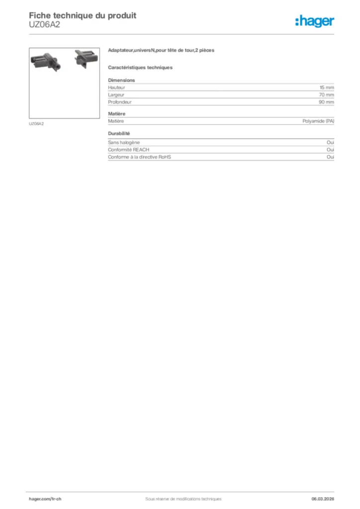 Image Hager Fiche technique du produit UZ06A2 | Hager Suisse