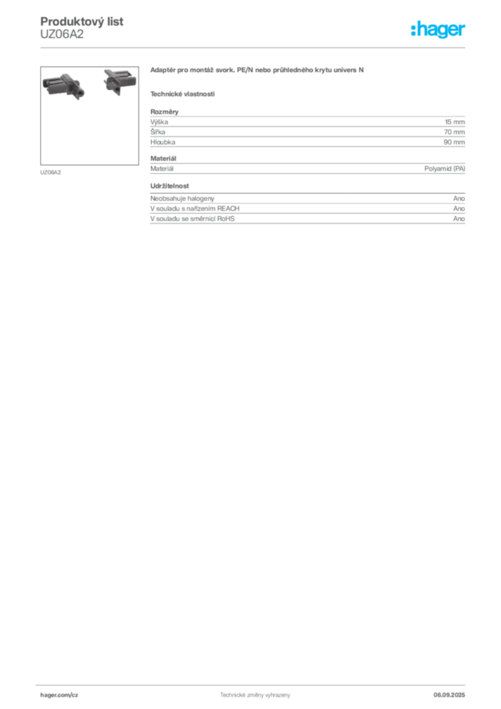 Obrázek Hager Produktový list UZ06A2 | Hager