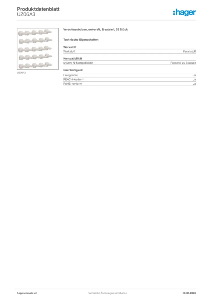 Bild Hager Produktdatenblatt UZ06A3 | Hager Schweiz