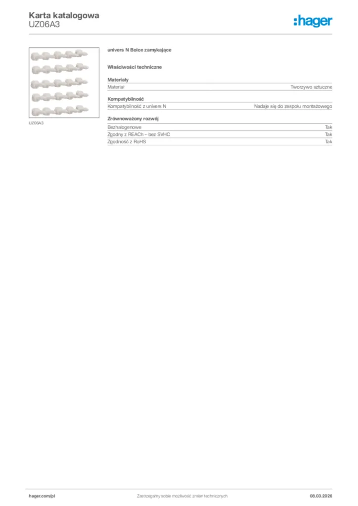 Zdjęcie Hager Karta katalogowa UZ06A3 | Hager Polska