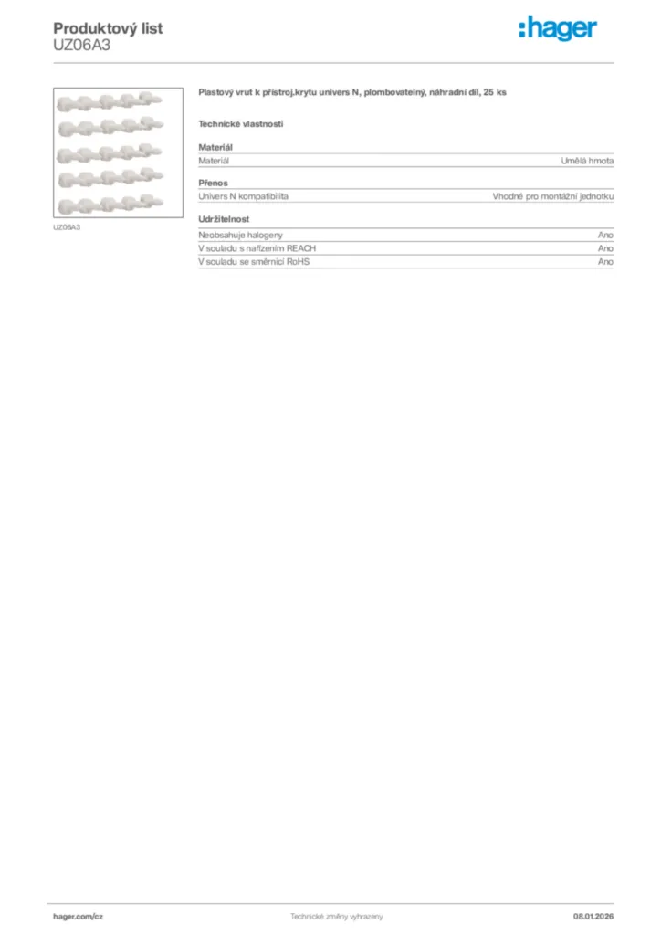 Obrázek Hager Product data sheet UZ06A3 | Hager