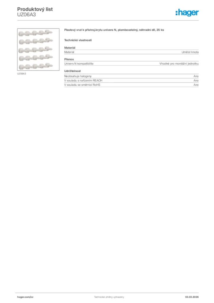 Obrázek Hager Product data sheet UZ06A3 | Hager