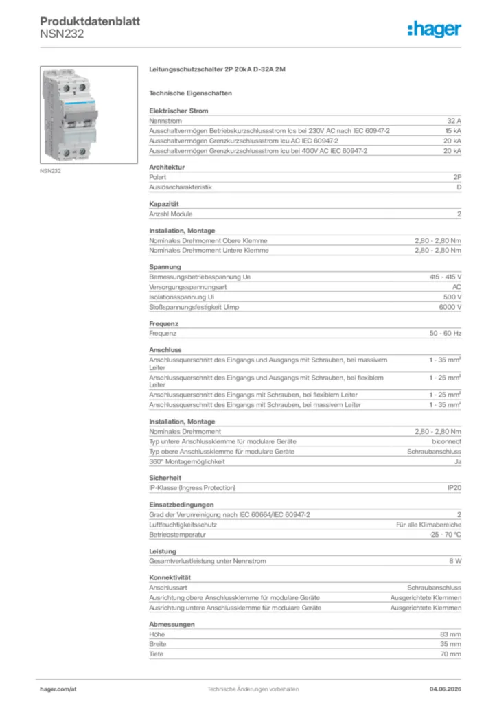 Bild Hager Produktdatenblatt NSN232 | Hager Deutschland