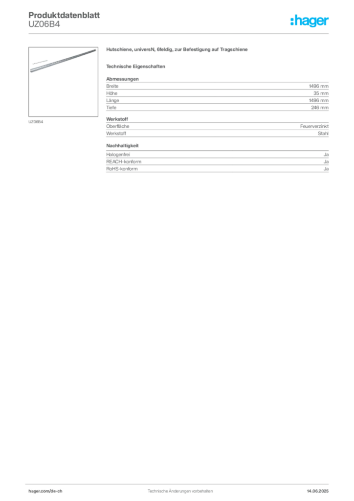 Bild Hager Produktdatenblatt UZ06B4 | Hager Schweiz