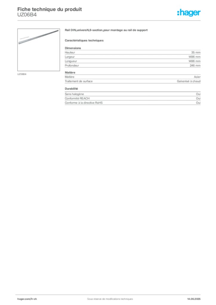 Image Hager Fiche technique du produit UZ06B4 | Hager Suisse