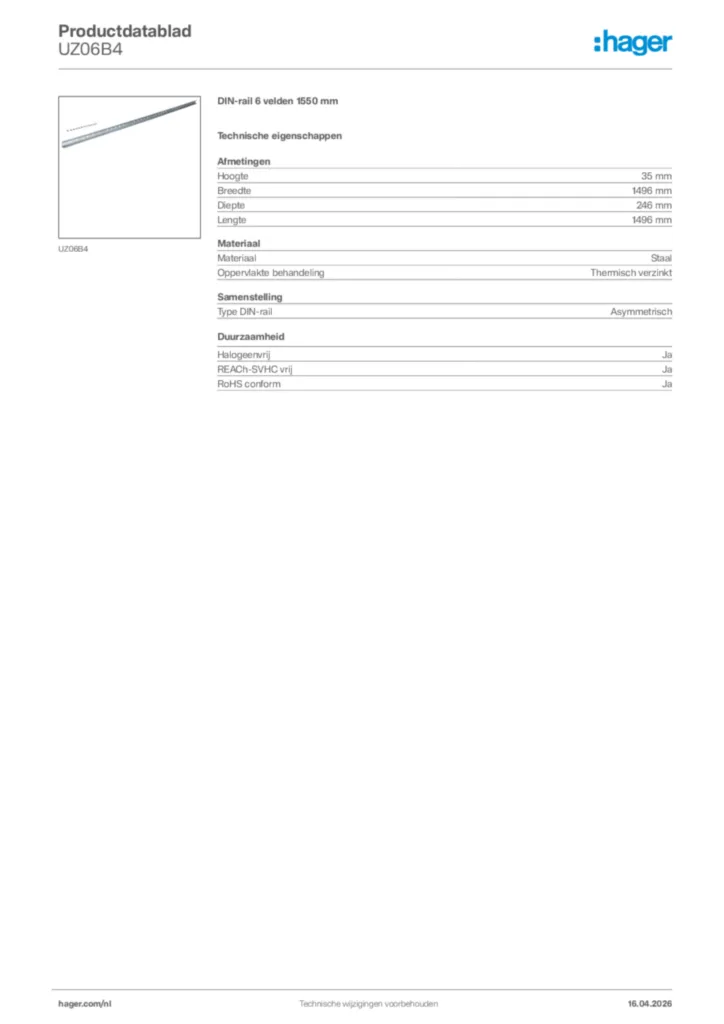 Afbeelding Hager Productdatablad UZ06B4 | Hager Nederland