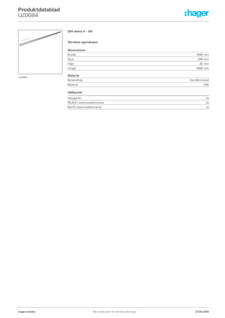 Bild Hager Produktdatablad UZ06B4 | Hager Sverige
