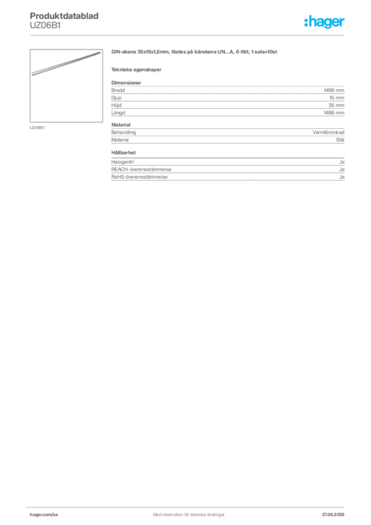 Bild Hager Produktdatablad UZ06B1 | Hager Sverige