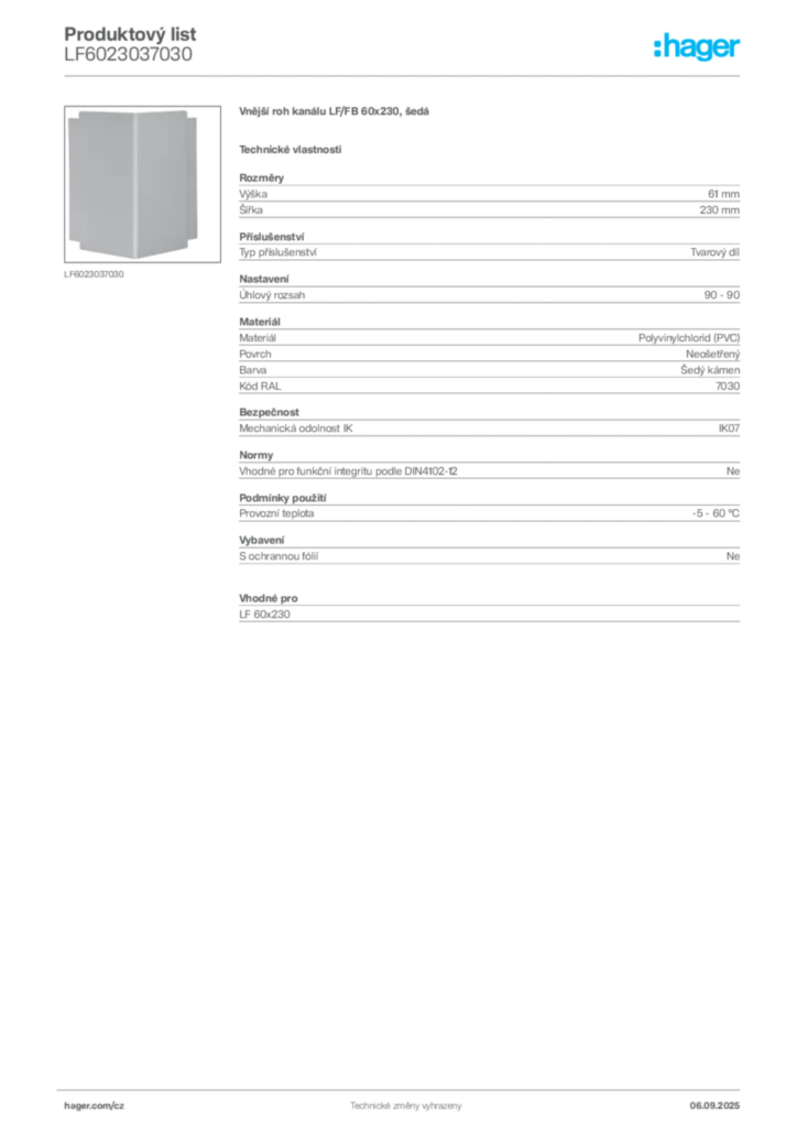 Obrázek Hager Produktový list LF6023037030 | Hager