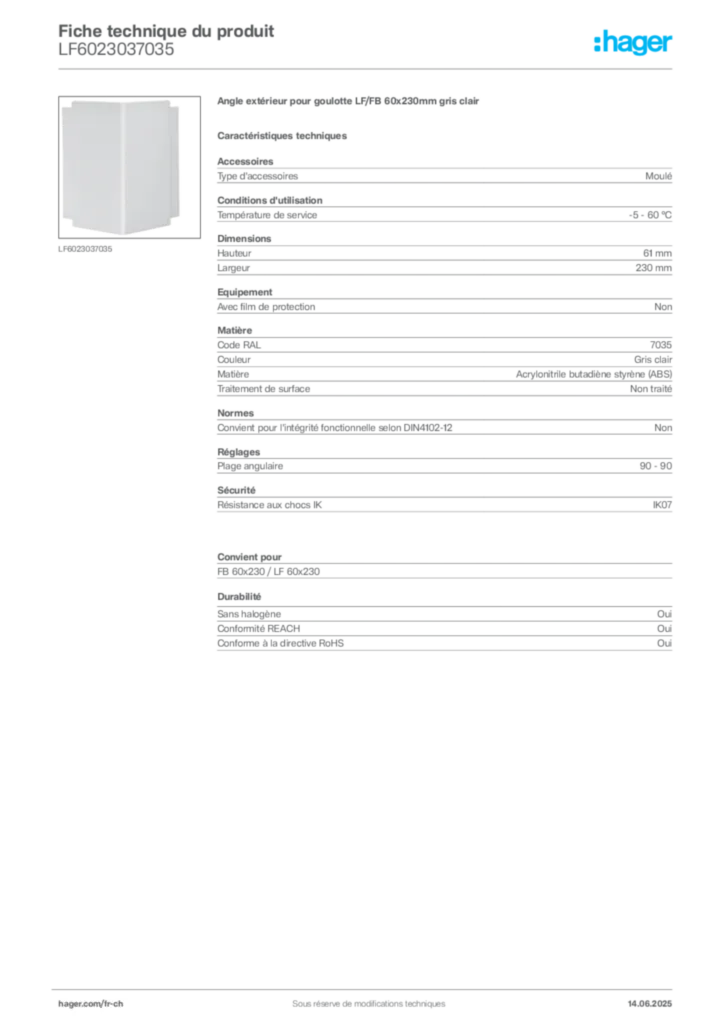 Image Hager Fiche technique du produit LF6023037035 | Hager Suisse