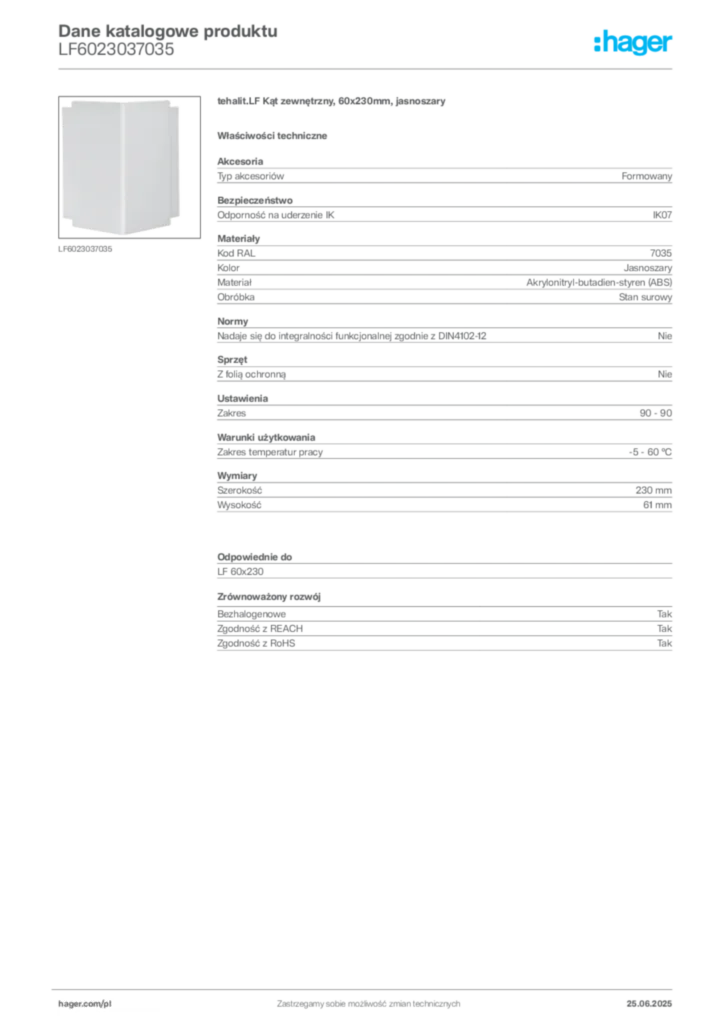 Zdjęcie Hager Karta katalogowa LF6023037035 | Hager Polska
