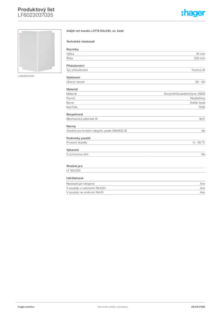 Obrázek Hager Produktový list LF6023037035 | Hager