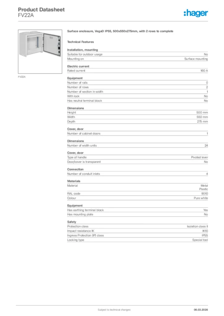 Image Hager Product data sheet FV22A  | Hager Africa
