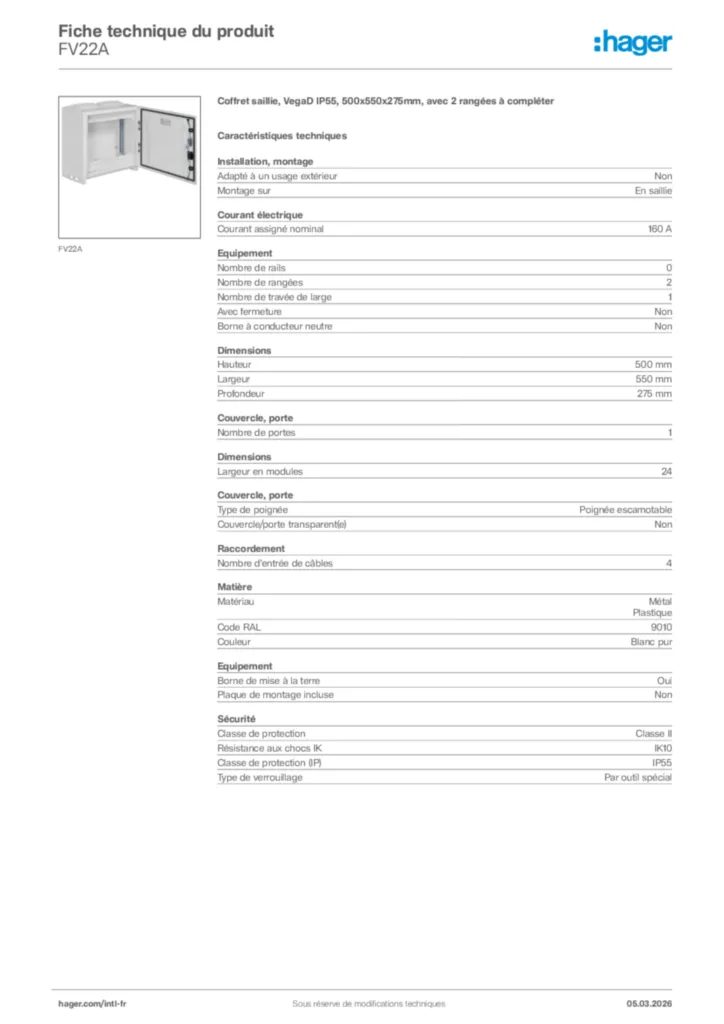 Image Hager Fiche technique du produit FV22A | Hager Afrique