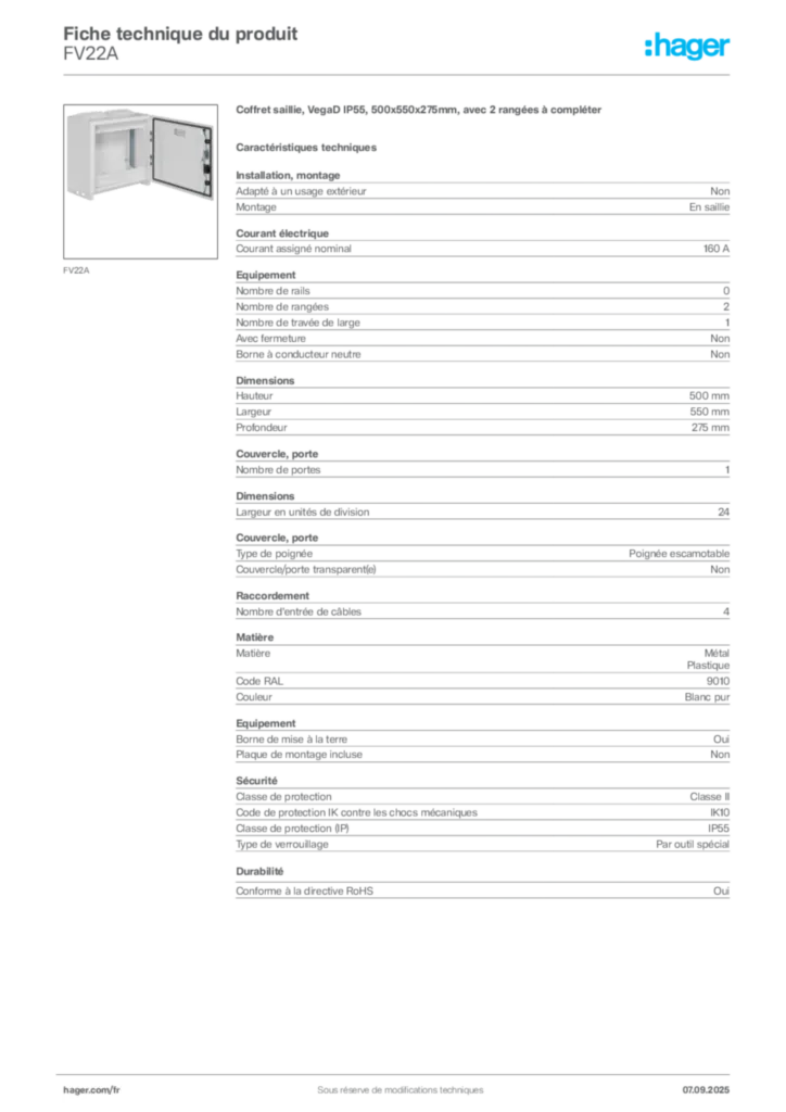 Image Hager Fiche technique du produit FV22A | Hager France