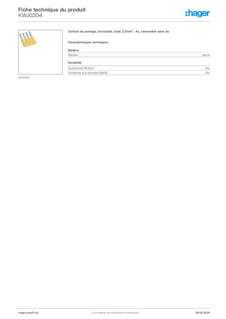 Image Hager Fiche technique du produit KWJ02D4 | Hager Suisse